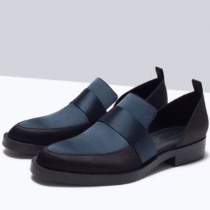 Zara Satin Cut Out Navy Blue Black Flat Loafer